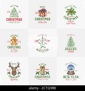 Ensemble de modèles de logos ou d'étiquettes de Noël vintage. Cerf tiré à la main, pain d'épice cookie, PIN, boîtes cadeaux, symboles Holly et Mistletoe Sketch Illustration de Vecteur