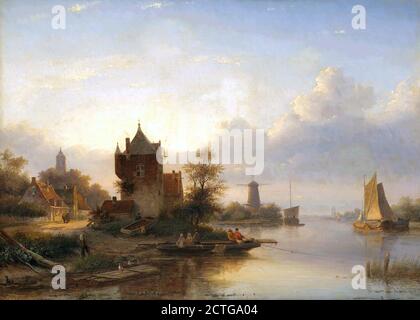 Spohler Jan Jacob - un paysage de rivière en été A Ferry - Dutch School - 19e siècle Banque D'Images