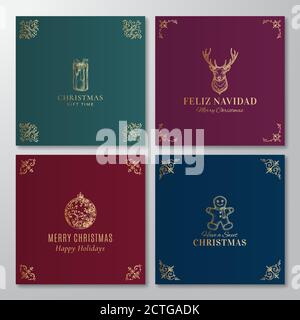 Ensemble d'étiquettes, d'affiches ou de cartes vectorielles de Noël. Cerf tiré à la main, boîte cadeau, biscuit au pain d'épice et croquis de boule avec Vintage Illustration de Vecteur