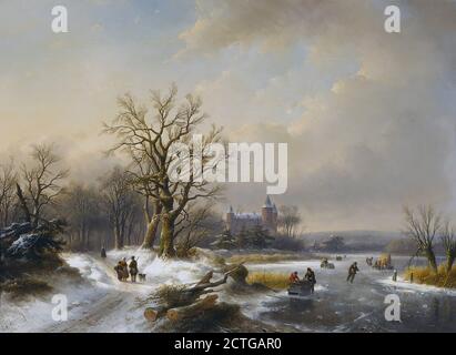 Spohler Jan Jacob - patineurs sur une rivière gelée 4 - Ecole néerlandaise - 19e siècle Banque D'Images