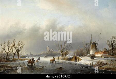 Spohler Jan Jacob - patineurs sur une voie navigable gelée - Dutch School - 19e siècle Banque D'Images
