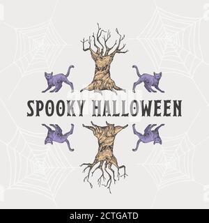 Modèle d'étiquette de titre de Halloween ou de titre de message d'accueil de style vintage. Arbre Spooky tracé à la main avec cadre d'esquisse Cats ou bordures avec Typographie rétro Illustration de Vecteur