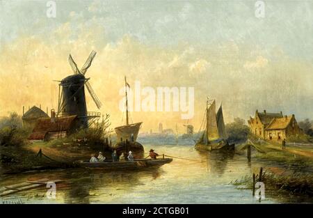 Spohler Jan Jacob Coenraad - un paysage d'été - a Ferry à a Riverside Windmill - Dutch School - 19e Siècle Banque D'Images