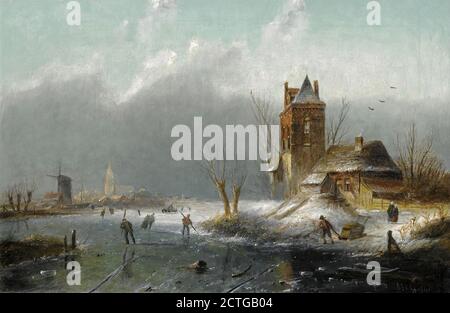 Spohler Jan Jacob Coenraad - un paysage d'hiver - patineurs Sur la glace - Ecole néerlandaise - 19e siècle Banque D'Images