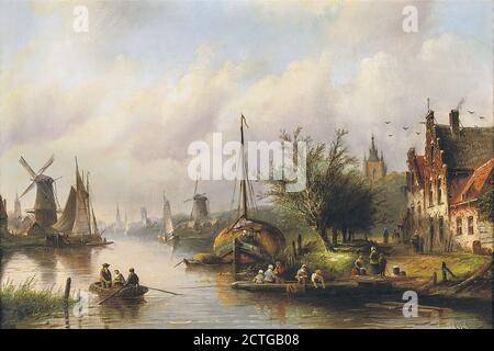 Spohler Jan Jacob Coenraad - un ferry dans un bord de rivière Ville en été - Ecole néerlandaise - 19e siècle Banque D'Images