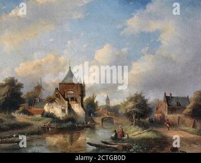 Spohler Jan Jacob Coenraad - un paysage d'été avec des figures Le long de la rivière - Dutch School - 19e siècle Banque D'Images