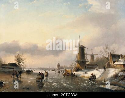 Spohler Jan Jacob Coenraad - Figures on the Ice Near A Windmill - Dutch School - 19e siècle Banque D'Images