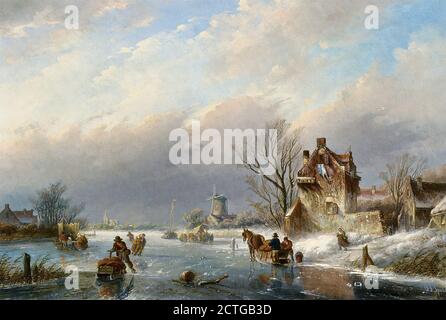 Spohler Jan Jacob Coenraad - Figures on the Ice In Un paysage d'hiver - Ecole néerlandaise - 19e siècle Banque D'Images