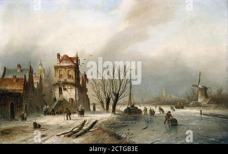 Spohler Jan Jacob Coenraad - scène d'hiver hollandaise avec des figures Patinage sur une rivière - Ecole hollandaise - 19e siècle Banque D'Images