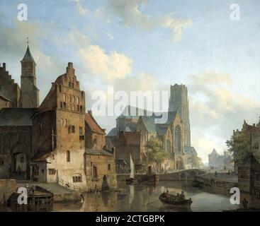 Springer Cornelis - vue sur le Delftse Vaart and Eglise St Laurens Rotterdam - Ecole néerlandaise - 19e siècle Banque D'Images