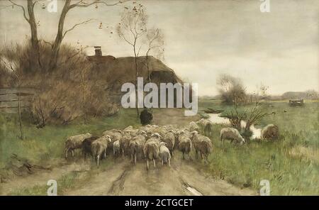 Steelink II Willem - Een Herder met zijn Kudde Schapen Op Weg naar huis - Ecole néerlandaise - 19e siècle Banque D'Images