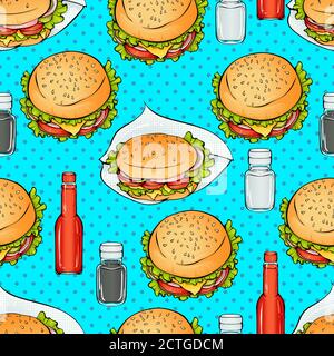 Dessin animé coloré hamburgers lumineux et sauce sur fond bleu sans couture motif. Illustration vectorielle dans une texture de style pop art pour la restauration rapide ou le menu du café bannière, textile, papier d'emballage Illustration de Vecteur