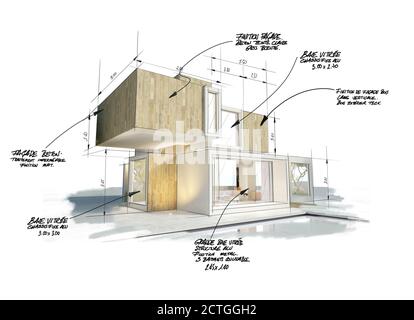 Rendu 3D d'une maison cubique moderne avec notes, mesures et indications Banque D'Images