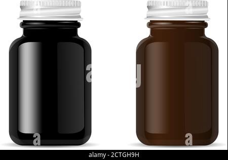 Kit de maquettes de flacons de pharmacie pour produits médicaux, pilules, médicaments, onguent et crème. Maquette de bouteille de sport ou cosmétique en verre brun et noir pour bcaa an Illustration de Vecteur