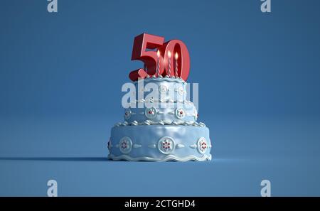 Rendu 3D d'un grand gâteau d'anniversaire bleu avec un un grand nombre cinquante en tête Banque D'Images