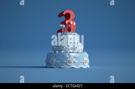 Rendu 3D d'un grand gâteau d'anniversaire bleu avec un grand numéro trois en haut Banque D'Images