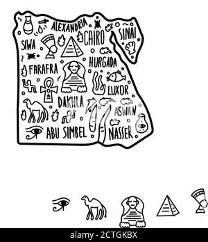 Carte de l'Egypte de doodle dessiné à la main. Nom de la ville lettering et dessins animés points d'intérêt, attractions touristiques. Trip comic infographie poster, banner concept Illustration de Vecteur