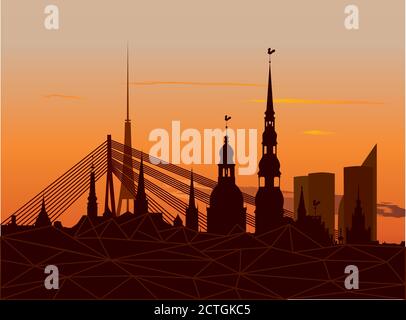 Vue sur la vieille ville de Riga au coucher du soleil Illustration de Vecteur