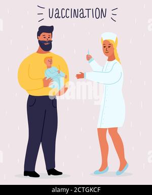 l'infirmière blonde de l'hôpital vaccine une petite fille. Le père avec la barbe tient un enfant sur les mains. Vaccination de routine. Protection contre la grippe, coronavirus Illustration de Vecteur