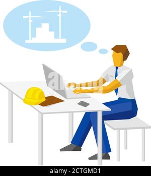 Un concepteur travaille avec un ordinateur portable et pense à la construction. Architecte tapant sur l'ordinateur portable. Casque, dossier et smartphone sur la table à proximité. Plat Illustration de Vecteur