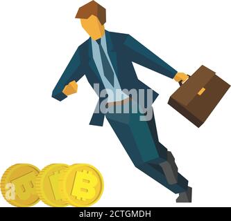 Homme d'affaires en course pour des bitcoins d'or. Isolé sur fond blanc. Concept d'affaires (métaphores) - exploitation minière de crypto-monnaie, recherche d'argent, augmentation de p Illustration de Vecteur