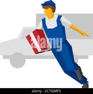 Homme de livraison courant dans un uniforme bleu tenant une boîte cadeau rouge. Silhouette de camion à l'arrière. Livraison par courrier. Attache plate simple Illustration de Vecteur