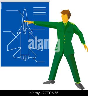 Un homme en uniforme militaire vert plan de spectacle avec un chasseur d'avion. Homme d'armée en conférence de presse ou présentation d'une nouvelle arme. Clip art vectoriel plat Illustration de Vecteur