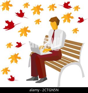 Homme d'affaires assis sur un banc dans le parc et dactylographiant sur un ordinateur portable. Les feuilles d'automne tombent en arrière-plan. Homme travaillant avec un ordinateur à l'extérieur. ordinateur portable wi Illustration de Vecteur