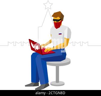 Hacker russe travaillant avec un ordinateur portable. Homme en masque avec drapeau russe sur t-shirt. La silhouette du Kremlin derrière. Concept de cybercriminalité - illustration vectorielle plate Illustration de Vecteur