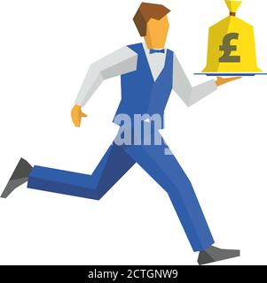 Garçon en bleu gilet et pantalon court avec un sac d'argent sur un plateau UK Pound signe sur un bagful. Concept d'affaires - argent facile, argent liquide à tout moment. Simple f Illustration de Vecteur