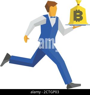 Garçon en bleu gilet et pantalon court avec un sac d'argent sur un plateau signe Bitcoin sur un bagful. Concept d'affaires - argent facile, argent liquide à tout moment. Simple fl Illustration de Vecteur