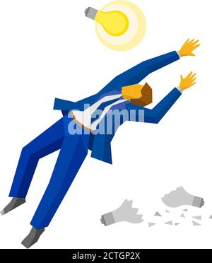 Homme d'affaires sautant prendre une lampe. Des feux cassés au niveau du sol. Métaphores d'affaires - concept de nouvelle idée, idées non réalisées. Clip art vectoriel de style plat Illustration de Vecteur
