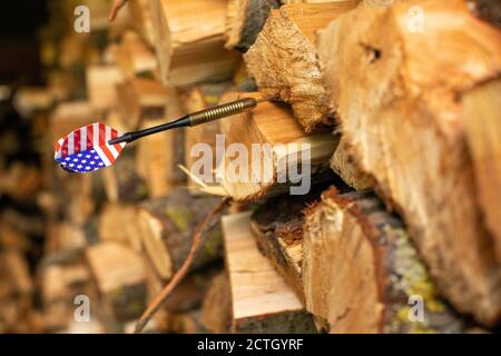 Concept de mondialisme. Drapeau américain à la queue de fléchettes coincé dans le bois de chauffage. Banque D'Images