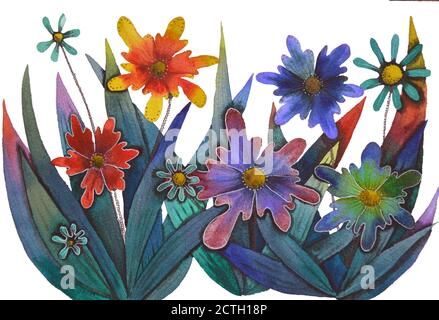 Illustration en couleur de différentes fleurs dans des peintures à l'aquarelle Banque D'Images