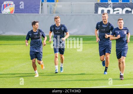 Pilsen, République tchèque. 23 septembre 2020. (G-D) Ales Cermak, Jan Kopic, Tomas Chory et Lukas Kalvach assistent à la formation de Victoria Plzen avant le 3e tour de qualification du match de l'UEFA Europe League Victoria Plzen vs Sonderjyske à Pilsen, République Tchèque, le 23 septembre 2020. Crédit: Miroslav Chaloupka/CTK photo/Alamy Live News Banque D'Images