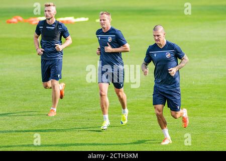 Pilsen, République tchèque. 23 septembre 2020. (G-D) Jakub Brabec, David Limbersky et Zdenek Ondrasek assistent à l'entraînement de Victoria Plzen avant le 3e tour de qualification du match de l'UEFA Europe League Victoria Plzen vs Sonderjyske à Pilsen, République Tchèque, le 23 septembre 2020. Crédit: Miroslav Chaloupka/CTK photo/Alamy Live News Banque D'Images