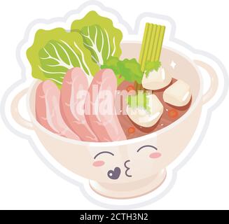 Soupe chinoise de nouilles de bœuf mignon kawaii personnage vectoriel Illustration de Vecteur