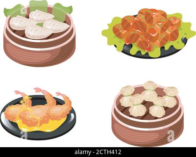 Jeu d'icônes de couleur de plats chinois Illustration de Vecteur