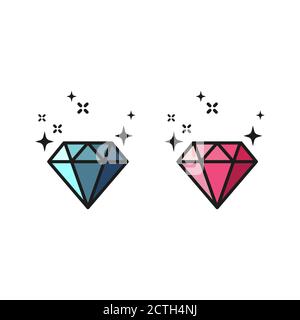 Icône de vecteur diamant bleu et rose. Symbole de pierre précieuse en diamant brillant coloré. Illustration de Vecteur