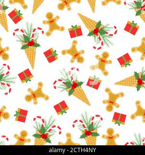 Joyeux nouvel an 2021 Merry Christmas sans couture illustration vectorielle avec cornet de gaufres à la crème glacée, Cannes de bonbons, branche d'arbres de Noël, GUI, Illustration de Vecteur