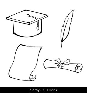 Éducation chapeau diplôme plumes noir blanc isolé objet illustration vecteur Illustration de Vecteur