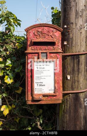 Boîte postale Royal Mail rouillée très ancienne montée sur un poteau télégraphique en bois à Dittisham, devon, Royaume-Uni Banque D'Images