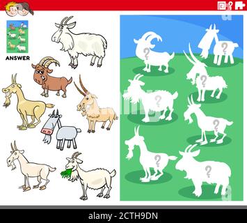 Dessin animé Illustration des objets de correspondance et de la forme droite ou Silhouette avec chèvres ferme personnages animaux jeu éducatif pour les enfants Illustration de Vecteur