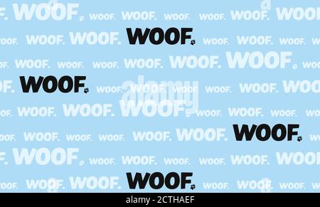 Répétition de « Woof. » dans différentes tailles dans plusieurs lignes de texte. Motif de lainages sans couture pour chien. Concept pour les chiens parlant en anglais. Illustration de Vecteur