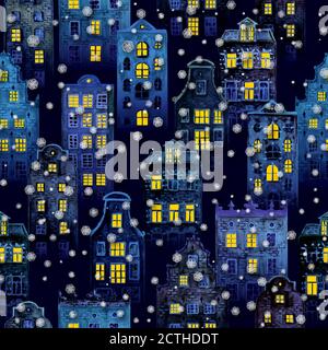 Fond de Noël avec la nuit neige ville d'hiver. Aquarelle maisons de l'ancienne europe avec flocons de neige. Motif aquarelle sans couture de couleur européenne ams Banque D'Images