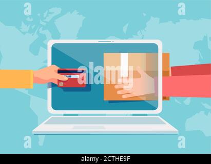 Concept d'achat en ligne. Vecteur d'un homme payant par carte de crédit pour la livraison de marchandises par Internet Illustration de Vecteur