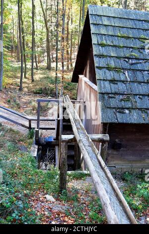 Autriche, partie d'un moulin à eau avec une roue de moulin située dans le parc naturel de Sparbach en Basse-Autriche Banque D'Images