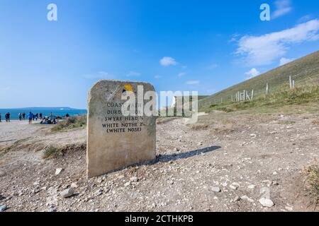 Marqueur de pierre South West Coast Path pour Durdle Door, Swyre Head et White Nothe sur le site du patrimoine mondial de la côte jurassique à Dorset, dans le sud-ouest de l'Angleterre Banque D'Images