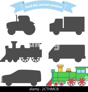 Trouver le transport de l'ombre correct.jeu éducatif pour les enfants voiture, locomotive à vapeur, camion, tracteur, van. Illustration de Vecteur