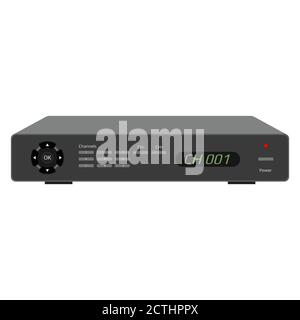 Récepteur satellite réaliste avec écran, ports USB et boutons de commande. Dispositif de commande TV isolé sur blanc. Vecteur EPS 10. Banque D'Images
